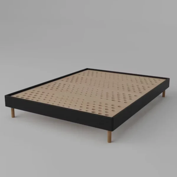 Upholstered Sleeping Duck Indestruct Bed with ventilated wooden slat base and minimalist design, shown without mattress in a neutral studio setting.