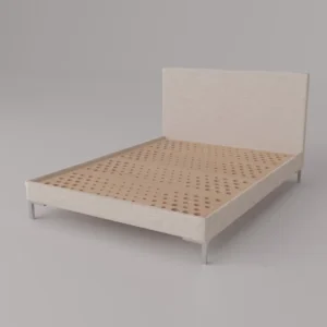 Upholstered Sleeping Duck Indestruct Bed frame with ventilated wooden slat base and minimalist design, shown without mattress in a neutral studio setting.
