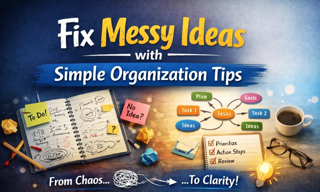 Visual representation of organizing messy ideas into structured plans, showing a comparison between chaotic notes and a clean visual planning system with mind maps, task lists, and workflow organization.