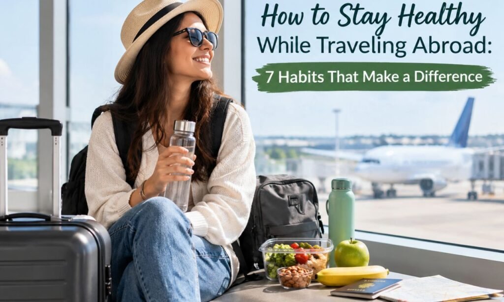 Woman staying healthy while traveling abroad with a reusable water bottle and healthy snacks at the airport.